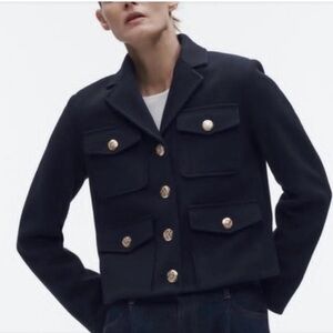Zara Navy Cropped Blazer Jacket with Gold Buttons